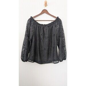 White House Black Market Eyelet Peasant Top S Off Shoulder Black Floral Sheer